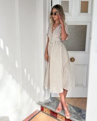 Korbel Dress - Beige Stripe | Women's Linen Stripe Midi Dress