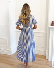 Korbel Dress - Blue Stripe | Women's Linen Stripe Midi Dress