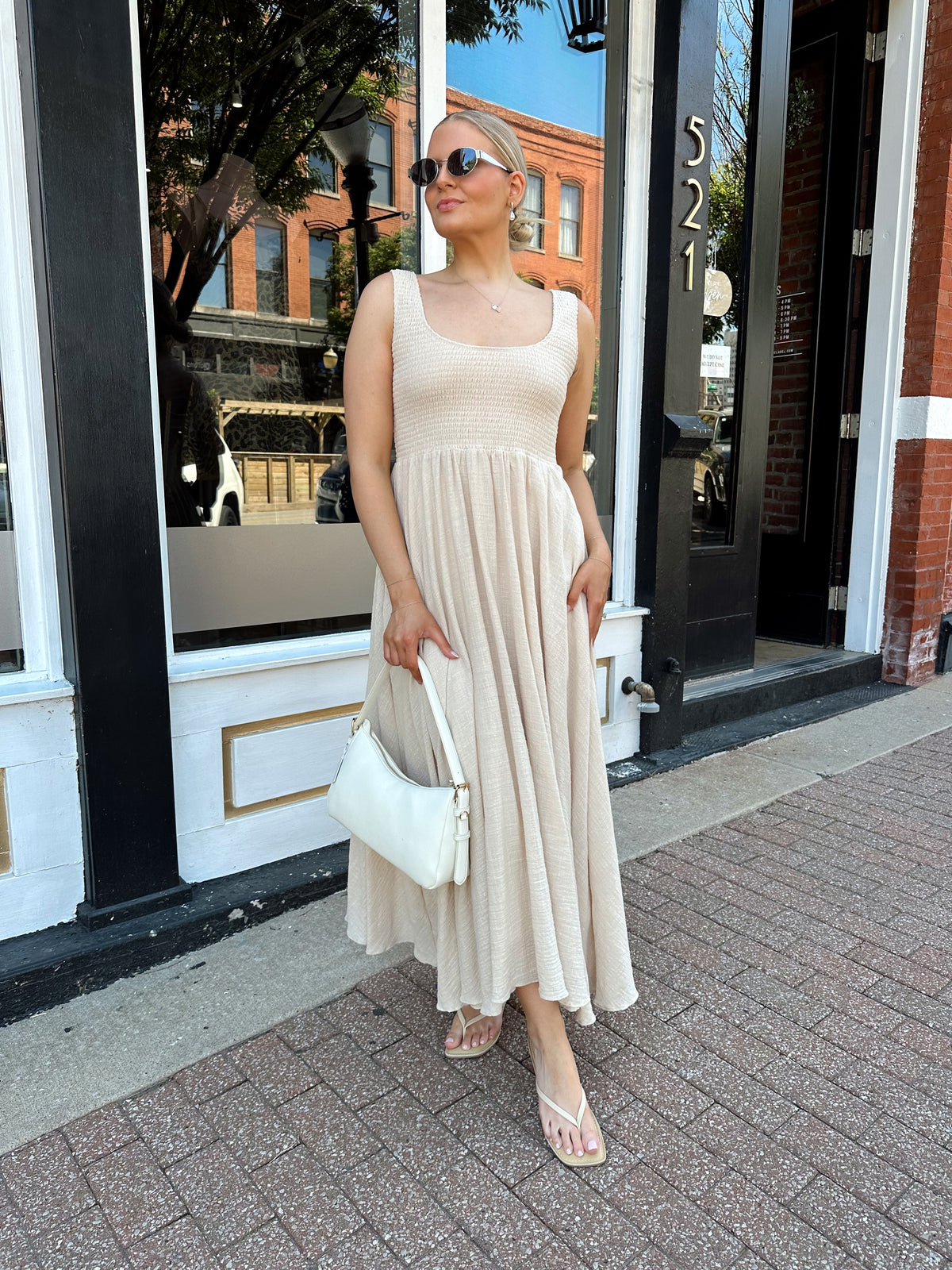 Megan Tan Smocked Midi Dress