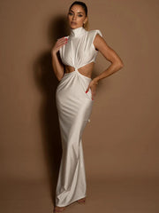 Hollow Out Turtleneck Sexy Maxi Dress For Women Fashion Solid Sleeveless Bodycon Tank Dresses Femme Club Party Dress