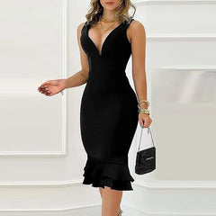V neck Fishtail Backless Lady Sexy Dress Black Tight Evening Dress Party Dress