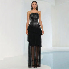 Special Interest Design Rhinestone Tube Top Bandage Dress Sexy Mesh Stitching Maxi Dress Party Dress