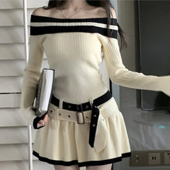 Y2K Slim Casual Knitted Mini Dresses Women Off Shoulder Elegant Korean Fashion Short Party Dress with Belt Autumn New Clothing