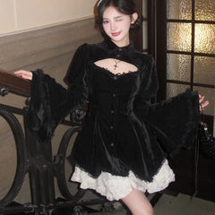 Y2K Gothic Black Mini Dresses Women Flare Sleeve O-neck Hollow Out Ruffles Patchwork A-line Korean Chic Party Dress Autumn New