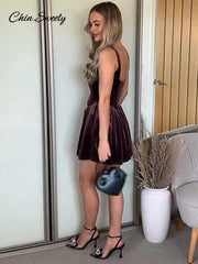 Fashion Velvet Sling Mini Dress Women Square Collar Sleeveless Backless A-line Zipper Party Dresses  Elegant Lady Vestidos