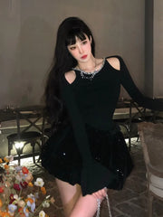 Autumn Winter Knitted Black Dresses for Women Long Sleeves High Waist A-line Birthday Party Dress Mini Vestidos Female Clothing