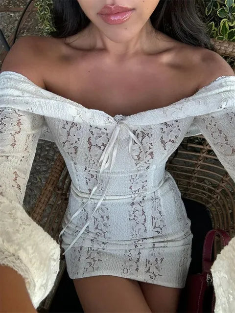 Autumn Lace Off-Shoulder Long Dress For Women See-Through Printed Lace-Up High Waist Luxury Female Elegant Party Dress New