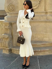 Ruffle Slim Knitted Dress Women’s V Neck Long Sleeve Mermaid Long Dresses Elastic Button Patchwork Elegant Party Dress