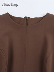Elegant Pleated Mini Dress Women Brown O-Neck Sleeveless A Line High Waist Party Dresses  Fashion Casual New Zipper Robes