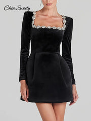Velvet Square Collar Beading Long Sleeve Dress Women High Waist Slim A-line Party Dresses  Lady Christmas Evening Gowns New