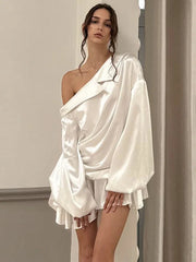 Elegant Draped Mini Dress For Women Sexy Backless Irregular Skew Collar Long Sleeve Party Dresses Solid High Waist