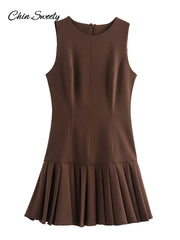 Elegant Pleated Mini Dress Women Brown O-Neck Sleeveless A Line High Waist Party Dresses  Fashion Casual New Zipper Robes