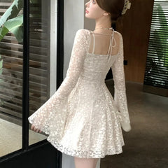 Sexy Lace Mini Dresses for Women Flare Sleeve Square Collar Corset Slim A-line Wedding Birthday Party Dress Y2K Prom Vestidos
