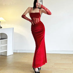 Sexy Bodycon Velvet Dresses for Women Spaghetti Strap Corset Slim Waist Slit Evening Party Dress Prom Robe Christmas Vestidos