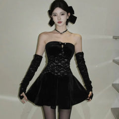 Y2K Gothic Strapless Mini Dresses Women Black Velvet Lace Patchwork Evening Party Dress A-line Slim Sexy Prom Vestidos Mujer New
