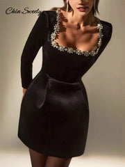 Velvet Square Collar Beading Long Sleeve Dress Women High Waist Slim A-line Party Dresses  Lady Christmas Evening Gowns New