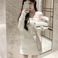 Elegant Tweed Slash Neck Short Dresses for Women Long Sleeve Slim Waist Birthday Party Dress Korean Fashion Vestidos Mujer