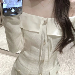 Elegant Tweed Slash Neck Short Dresses for Women Long Sleeve Slim Waist Birthday Party Dress Korean Fashion Vestidos Mujer