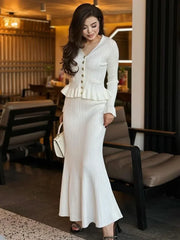 Ruffle Slim Knitted Dress Women’s V Neck Long Sleeve Mermaid Long Dresses Elastic Button Patchwork Elegant Party Dress