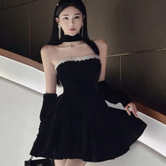 French Vintage Strapless Mini Dresses Women Lace Patchwork A-line Evening Party Dress Korean Fashion Y2K Mini Vestidos Mujer