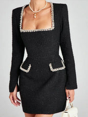 Elegant Tweed Short Party Dress Women Long Sleeve Square Collar Fake Pocket Evening Dresses  Autumn Shiny Slim A-line Robes
