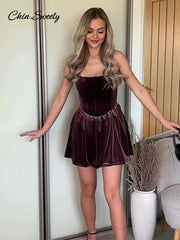 Fashion Velvet Sling Mini Dress Women Square Collar Sleeveless Backless A-line Zipper Party Dresses  Elegant Lady Vestidos