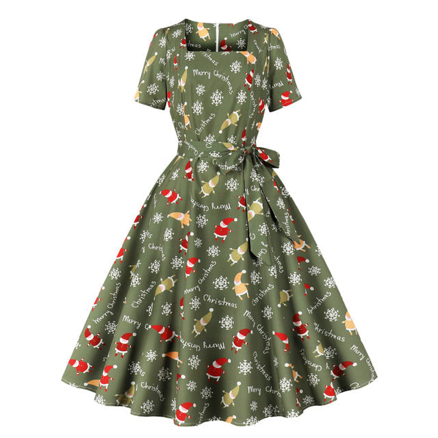 Trend Elegant Christmas Party Dresses Women Print Square Collar Short Sleeves Bowknot Leace-up A-line Dress Female New Vestidos