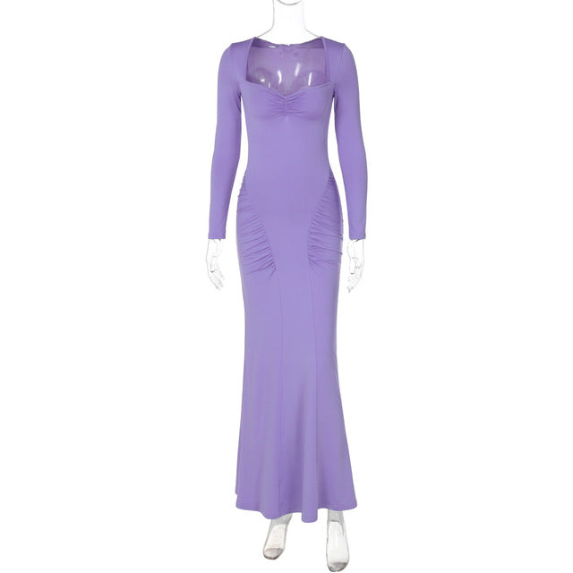 2025 Elegant Long Sleeve Party Dresses Sexy High Waist Slim Fit Women’s Evening Dress Fashion Solid Color Pleated Long Dresses