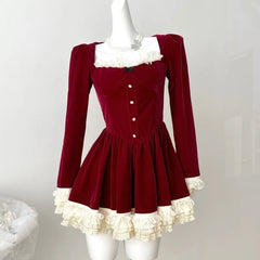 Elegant Velvet Lace Ruffles Patchwork Short Dresses for Women Long Sleeve A-line Korean Fashion Christmas Birthday Party Dress