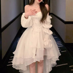Elegant Evening Party Dresses Women Puff Sleeve Off Shoulder Lace-up Wedding Prom Robe Ball Gown A-line Y2K Midi Vestidos New
