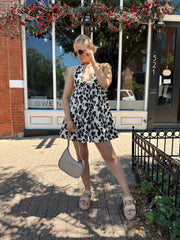 Serena Black and Ivory Cinched Waist Mini Halter Dress