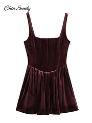 Fashion Velvet Sling Mini Dress Women Square Collar Sleeveless Backless A-line Zipper Party Dresses  Elegant Lady Vestidos