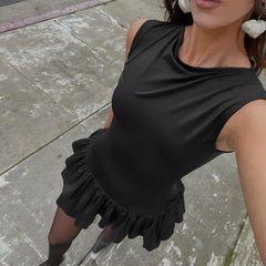 Ruffles Splice Sexy Vest Mini Dress For Women Sleeveless Slim Fit Fashion Solid Color Hot Girl Club Party Dress Female