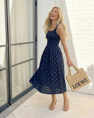 Torrance Dress Navy Spot | Women's Polka Dot Shirred Midi Dress