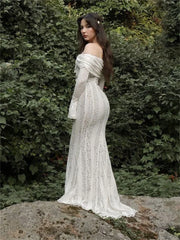 Autumn Lace Off-Shoulder Long Dress For Women See-Through Printed Lace-Up High Waist Luxury Female Elegant Party Dress New