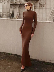 Skinny Turtleneck Backless Maxi Dress Women’s Patchwork High Waist Solid Fashion Hollow Out Party Dress Female Long Dress