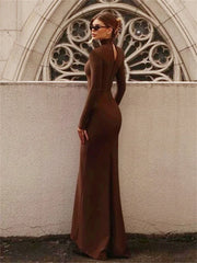 Skinny Turtleneck Backless Maxi Dress Women’s Patchwork High Waist Solid Fashion Hollow Out Party Dress Female Long Dress