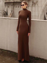 Skinny Turtleneck Backless Maxi Dress Women’s Patchwork High Waist Solid Fashion Hollow Out Party Dress Female Long Dress