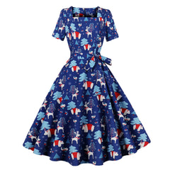 Trend Elegant Christmas Party Dresses Women Print Square Collar Short Sleeves Bowknot Leace-up A-line Dress Female New Vestidos