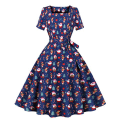 Trend Elegant Christmas Party Dresses Women Print Square Collar Short Sleeves Bowknot Leace-up A-line Dress Female New Vestidos