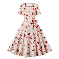 Trend Elegant Christmas Party Dresses Women Print Square Collar Short Sleeves Bowknot Leace-up A-line Dress Female New Vestidos