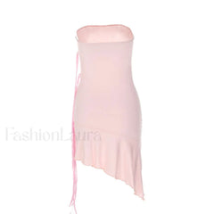 Adorable Solid Color Ribbon trim Ruffle Hem Strapless Mini Dress - Pink