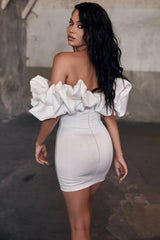 Waist Slimming Bodycon Off Shoulder Boned Ruffle Party Dress