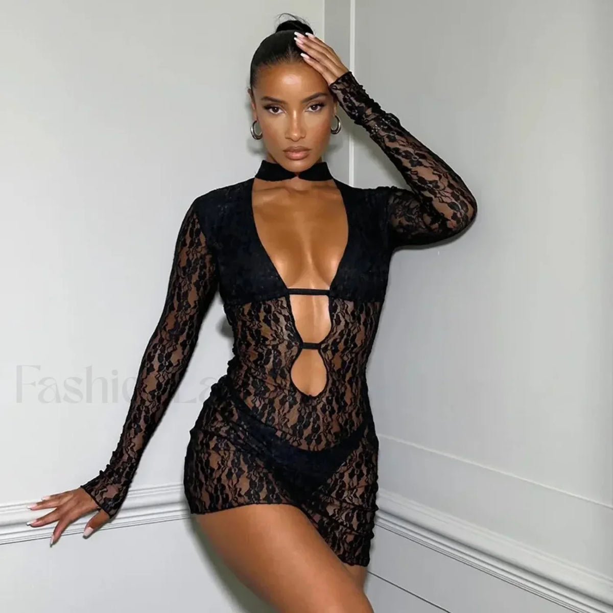 Elegant Lace See Through Sexy Cut Out Long Sleeve Bodycon Wedding Party 2024 Patchwork Summer Mini Dress