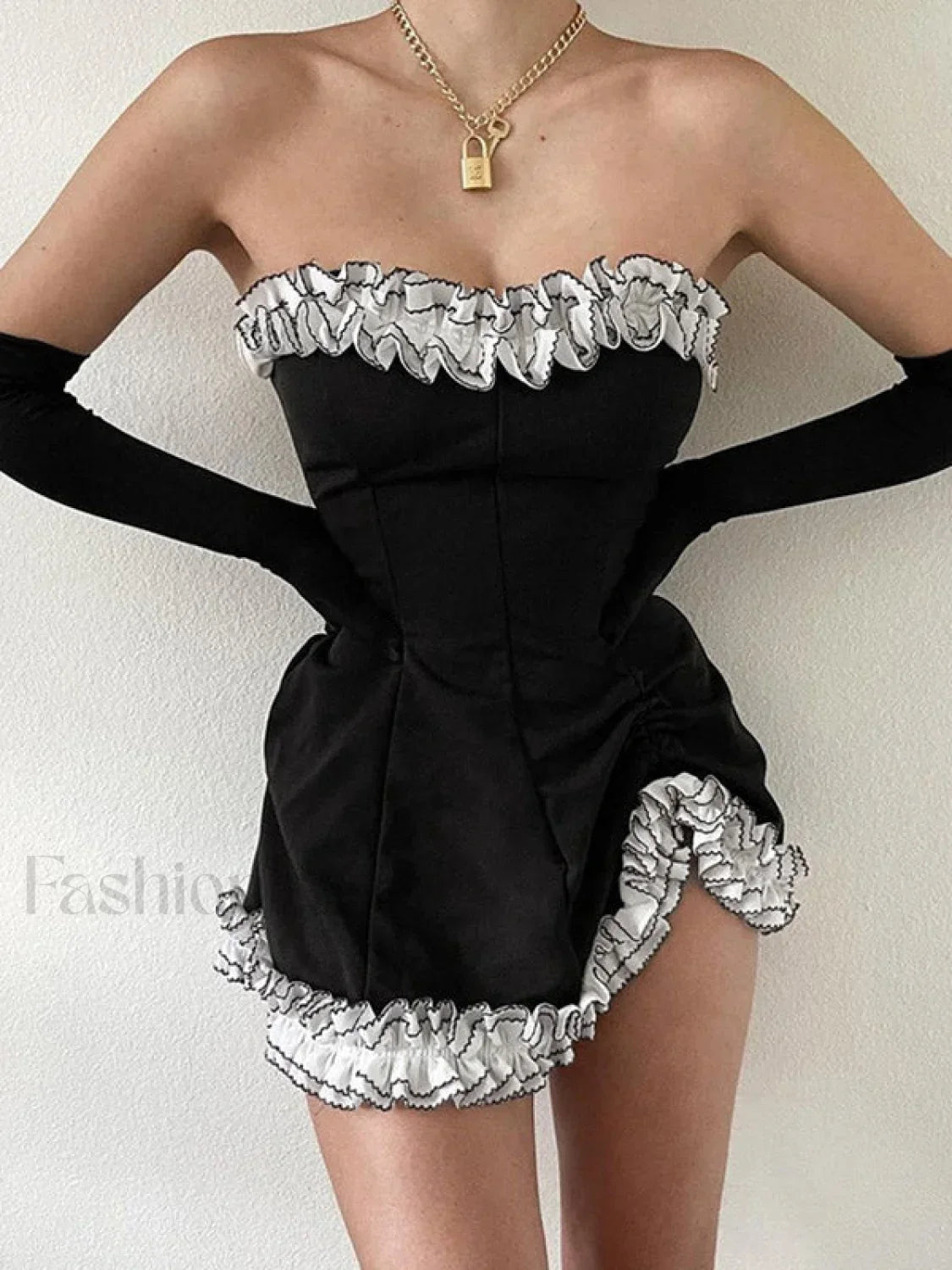 Gloves Detail Strapless Black Mini Dress