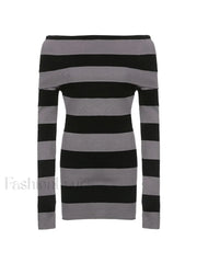 Off Shoulder Long Sleeve Striped Knit Mini Dress