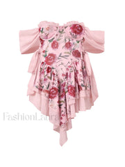 Patchwork Ruffle Bardot Floral Mini Dress
