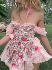 Patchwork Ruffle Bardot Floral Mini Dress