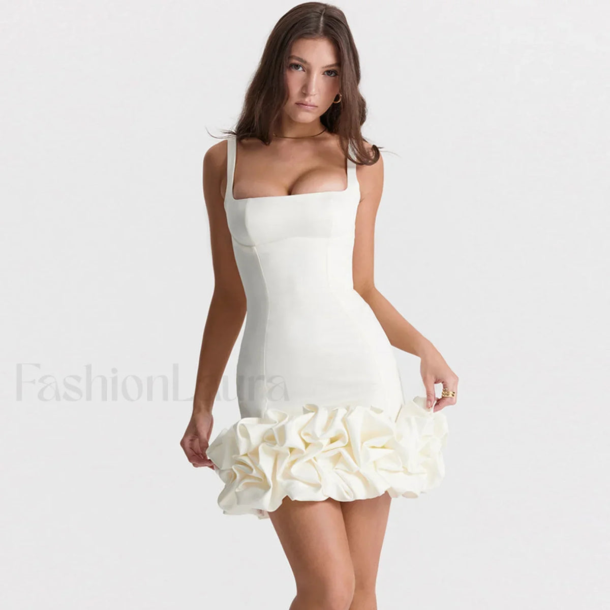 Ruffle Hem Square Neck Sleeveless Bodycon Party Mini Dress - White