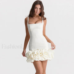 Ruffle Hem Square Neck Sleeveless Bodycon Party Mini Dress - White